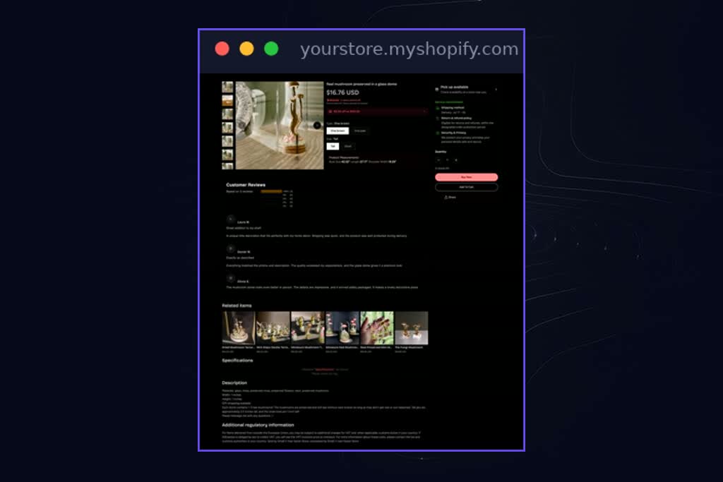 A complete AI-generated product page for Shopify, shown end to end