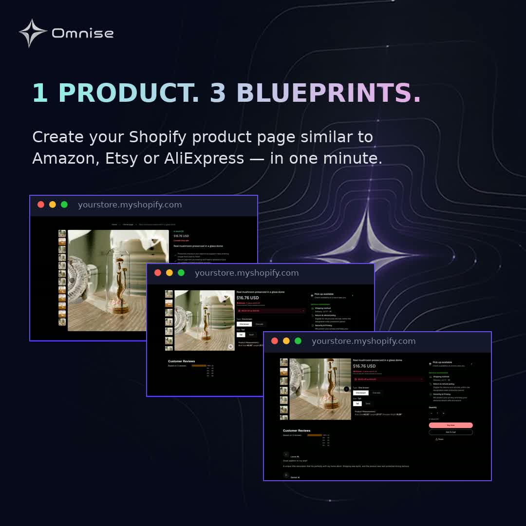 One product, three blueprints — Etsy, Amazon or AliExpress style PDPs for Shopify
